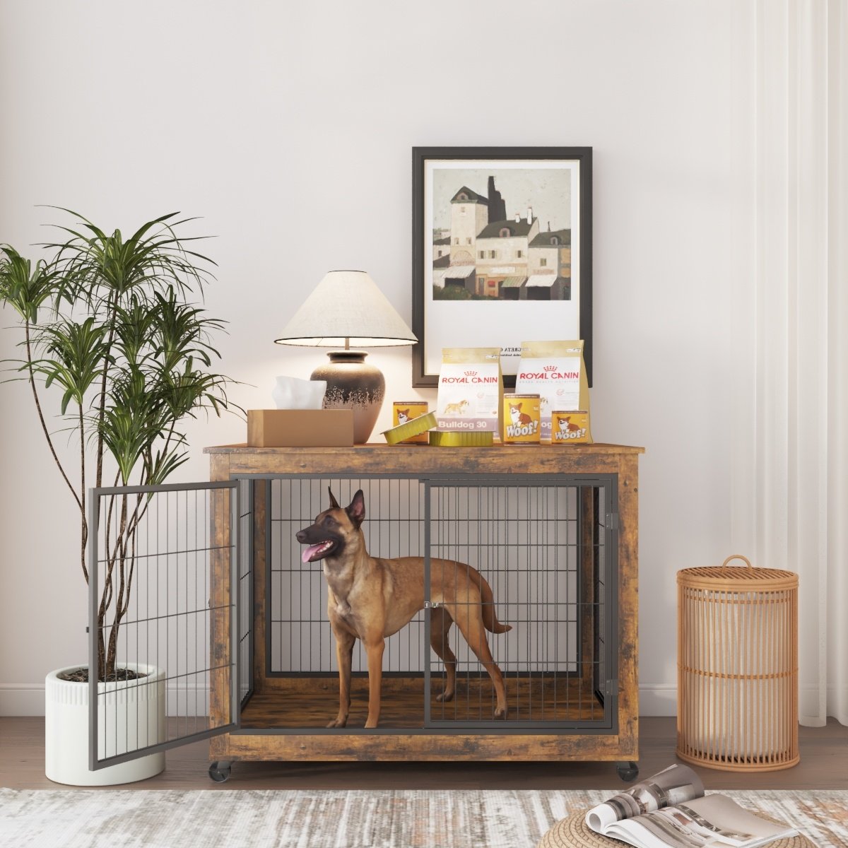 Furniture Style Dog Crate Side Table on Wheels with Double Doors and Lift Top.(Rustic Brown,43.7''w x 30''d x 31.1''h) Furniture Style Dog Crate Side Table on Wheels with Double Doors and Lift Top.(Rustic Brown,43.7''w x 30''d x 31.1''h)